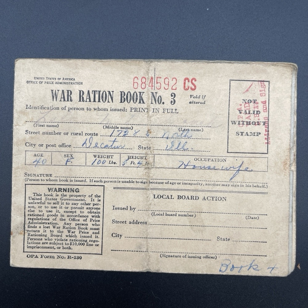 WWII War‎ Ration Book 3 w Stamps Named Address Decatur IL OPA Book 1943 1067